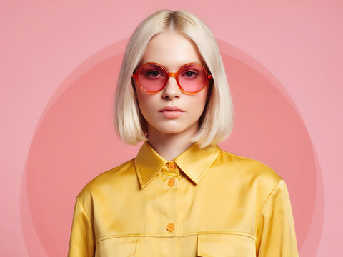 A young woman with blonde bob hair wearing a yellow satin shirt and pink round sunglasses against a pink circular background wall