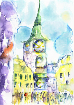 Solothurn Clock Tower and Old Town in Switzerland &ndash; Hand-Painted Watercolor