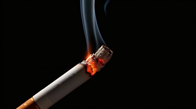 A close up of a burning cigarette smoldering slowly with glowing embers and rising smoke against a deep black background illustrating addiction or a pause in time.