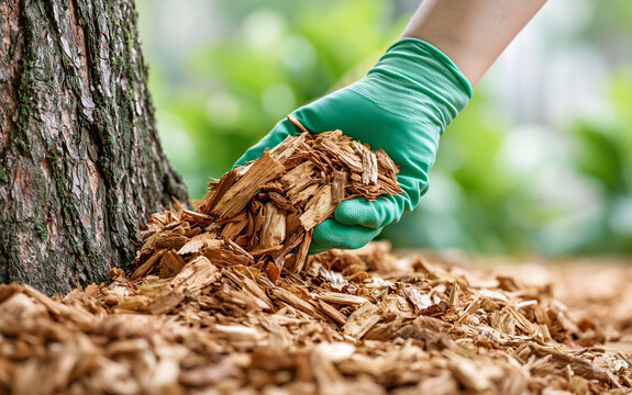 Gardener hands in green gloves mulching tree with wood chips
