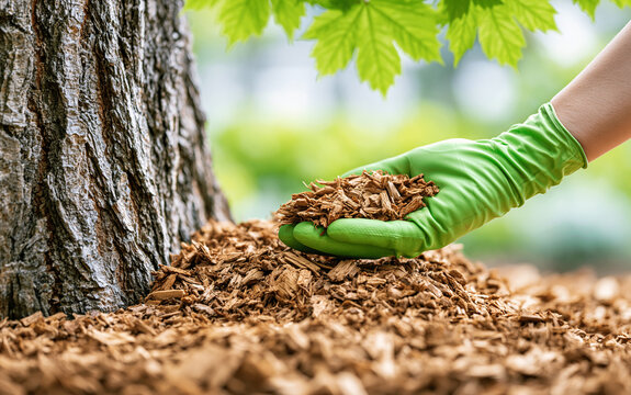 Gardener hands in green gloves mulching tree with wood chips