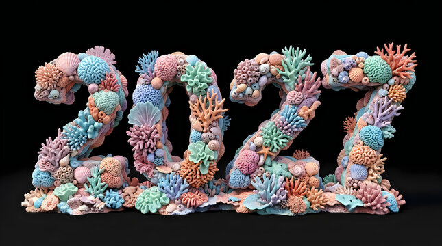 Creative 3D typography of the year 2027 made of colorful coral reef textures and marine life, isolated on transparent background for festive New Year celebration.