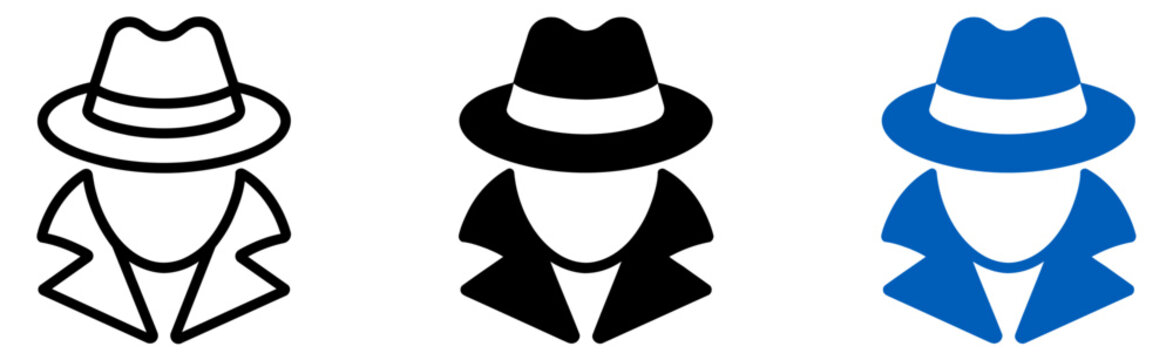 Detective or secret agent character profile silhouette icon set