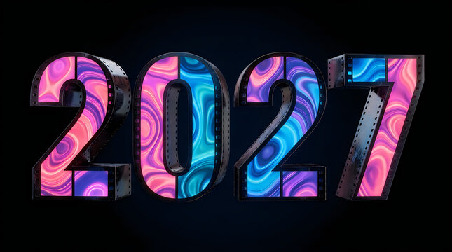 Modern 3D typography of the year 2027 featuring vibrant liquid marble and fluid neon textures, isolated on transparent background for futuristic New Year design.