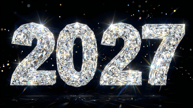 Luxury 3D typography of the year 2027 crafted from sparkling brilliant diamonds and crystals, isolated on transparent background for elegant New Year celebration.