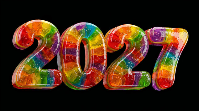 Colorful 3D gummy typography 2027 numbers with translucent jelly texture, isolated on transparent background for fun New Year and candy themed designs.