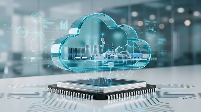 Sustainable cloud computing network with holographic renewable energy infrastructure over microchip symbolizing green technology and environmental data