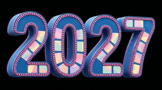 Three-dimensional number 2027 stylized with a colorful filmstrip texture, isolated on transparent background for cinematic New Year event marketing graphics.