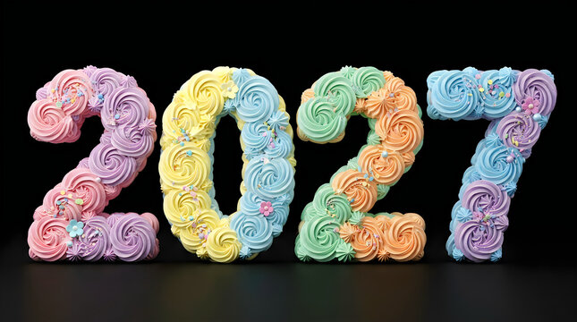 Three-dimensional number 2027 decorated with colorful buttercream icing swirls and sugar sprinkles, isolated on transparent background for festive designs.