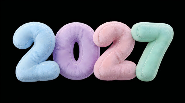Soft pastel plush fabric numbers 2027 with stitched seams isolated on transparent background for cute new year celebration and creative children design projects