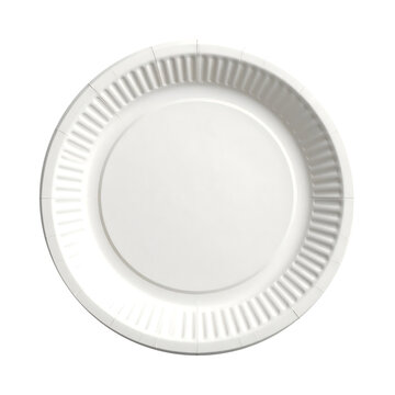 Empty white paper plate for food service isolated as a top view circular object shown on transparent background