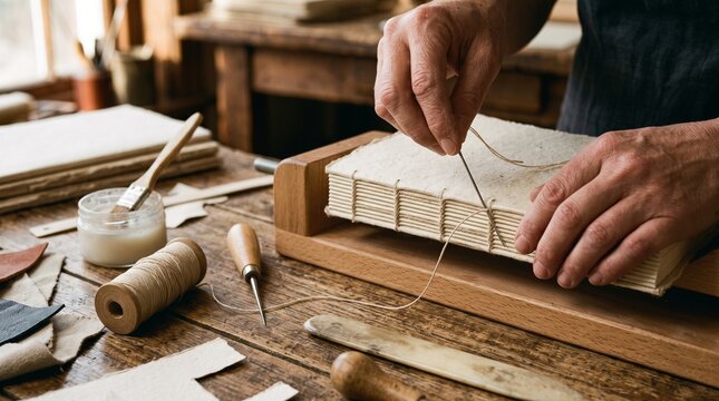 Close Up of Hands Sewing a Book Binding in a Traditional Bookbinding