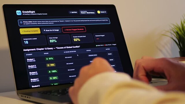Educator at a laptop using AI software for automated bulk grading of student essays while scanning for unauthorized student AI usage and plagiarism