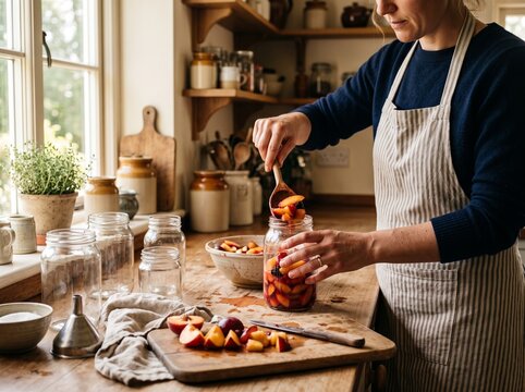 Woman Making Homemade Jam by Putting Fresh Fruit into Glass Jars on