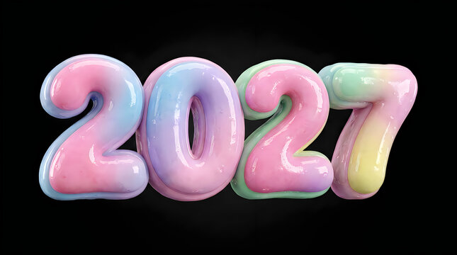 Pastel bubblegum 3D typography of the year 2027 with a glossy, soft, and colorful aesthetic, isolated on transparent background for creative new year designs.