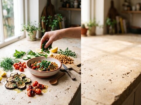 Hand Adding Fresh Herbs To A Healthy Salad In A Bright Modern Kitchen