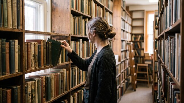 Young Woman Browsing Library Bookshelves Searching for a Research