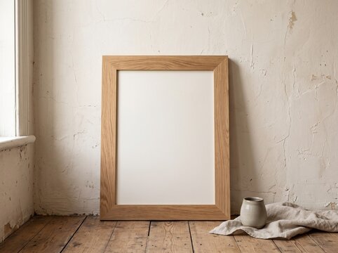Empty Wood Frame and Ceramic Vase on Old Floor for Minimalist Home
