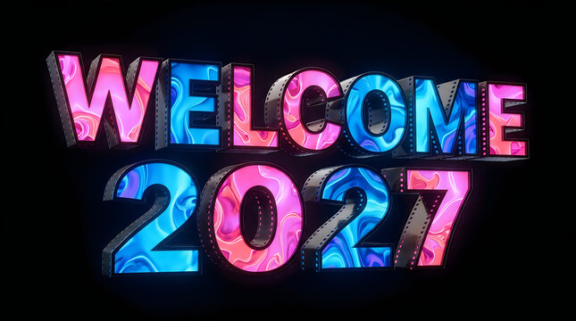 Welcome 2027 3D typography with vibrant neon liquid marble textures and dark metallic edges, isolated on transparent background for modern festive graphics.