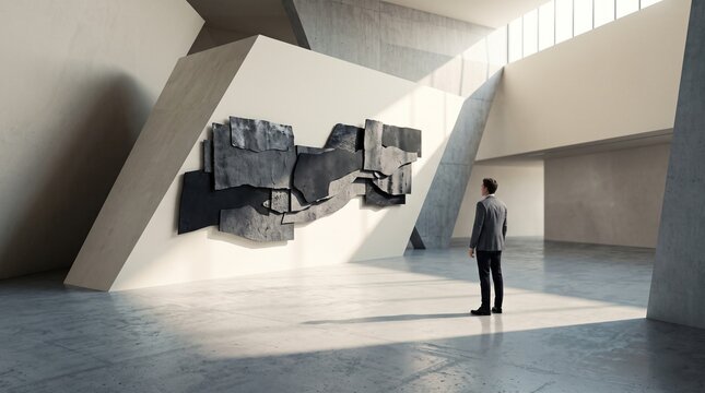 Businessman Standing in Modern Art Gallery Viewing Large Abstract