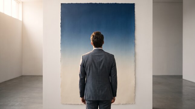 Professional Business Man Standing Alone in an Art Gallery Looking at