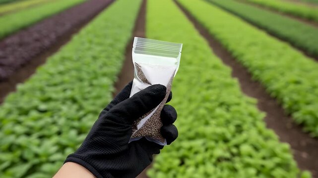 Hand wearing black glove holds small plastic bag of seeds over rows of vibrant green crops in field