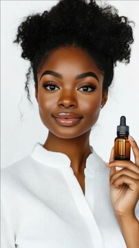 Smiling Black Woman with Glowing Skin Holding a Facial Serum Dropper