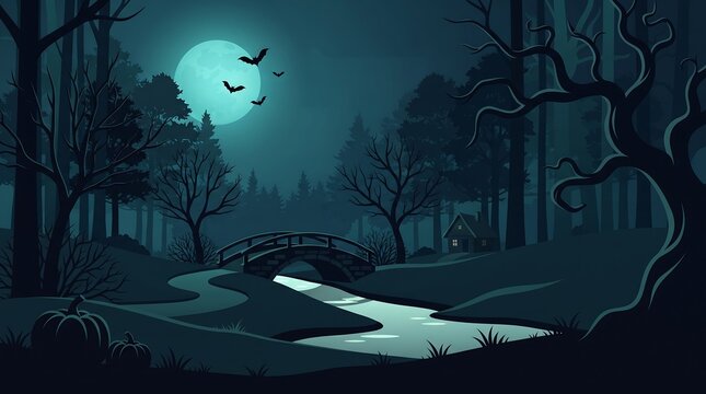 Spooky Halloween forest landscape with a moonlit bridge and river in pixel art style.
