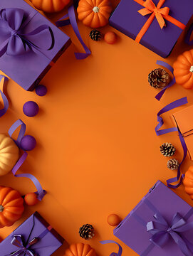 Top down 3D Halloween flat lay purple gift boxes and pumpkins with center copy space for holiday sale frame