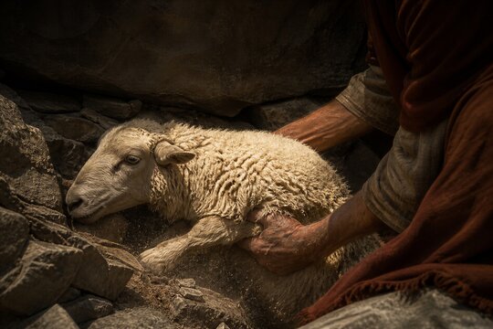 Shepherd rescuing a lost sheep from a rocky cave. Biblical parable of compassion, guidance, protection, faith and divine care. Dramatic religious scene with copy space.