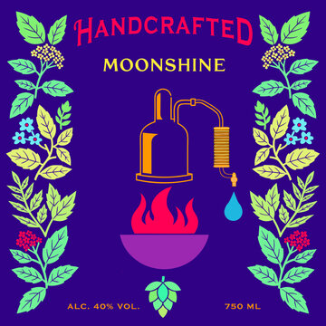 vector, vector graphics, moonshine, corn, berries, maize, label, sticker, blueberry, oak, wormwood, mint, wild berry, rowan, juniper, alcoholic beverages, bourbon, spirits, alcoholic products