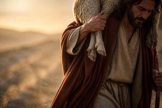 Bearded shepherd carrying a lost sheep across a desert at sunset. Biblical parable of compassion, rescue, faith, protection, and pastoral care with copy space.