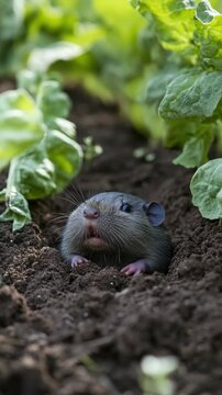 Close-up of a Small Rodent Peeking out from a Burrow in a Garden