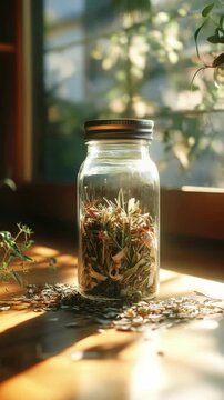 Glass Jar of Dried Herbal Tea Leaves on a Wooden Table in Sunlight