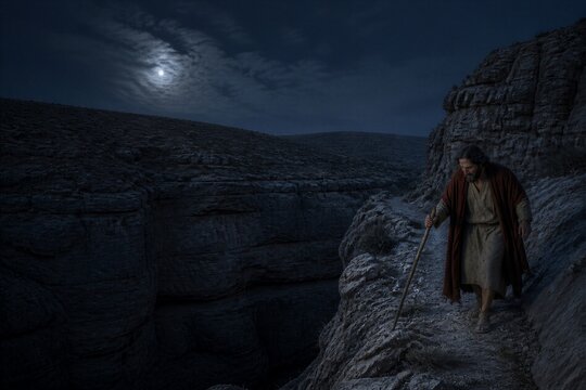 Bearded man dressed as a biblical shepherd searching rocky mountain terrain at night.