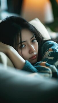 Young Asian woman sleeping peacefully wrapped in a thick knit blanket