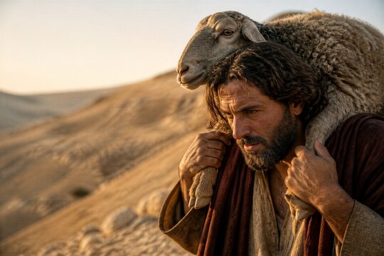 Man carrying a lost sheep across the desert. Compassionate shepherd representing rescue, faith, sacrifice, and the biblical parable of the good shepherd.