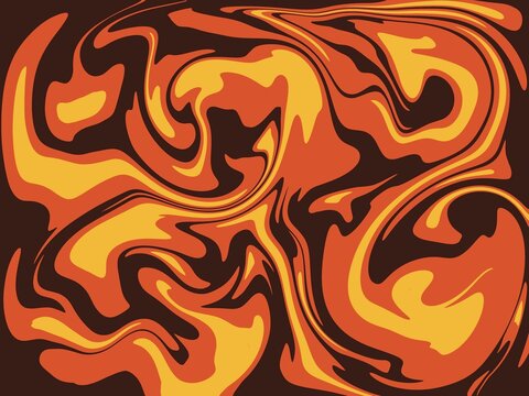 Abstract liquid marble background with vibrant orange and yellow swirls on dark brown base.