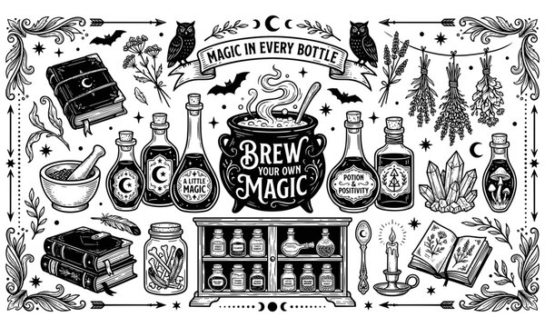 Witchcraft apothecary potion bottles spell cauldron magic grimoire books dried herbs and crystal elements in hand drawn style
