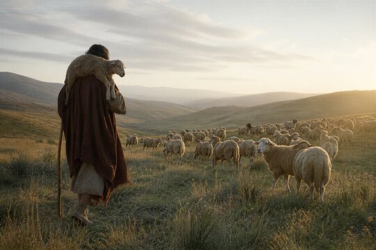 Shepherd carrying a lost sheep across a sunlit hillside while guiding a flock. Biblical parable of compassion, rescue, faith, protection, and spiritual leadership with copy space.