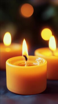 Glowing Yellow Lit Candles in Warm Bokeh Background