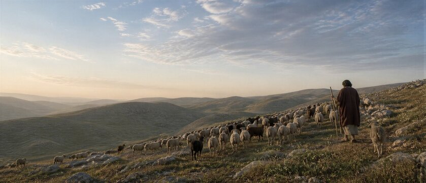 Shepherd guiding a flock of sheep across a vast mountain landscape at sunrise. Biblical parable of the lost sheep, pastoral care, faith, leadership, and spiritual guidance.