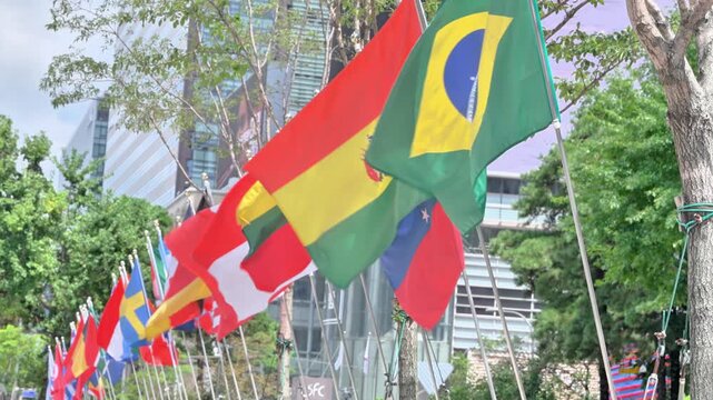 National flags of various countries fluttering in the wind at Gwanghwamun Square in Seoul during summer, close-up shot