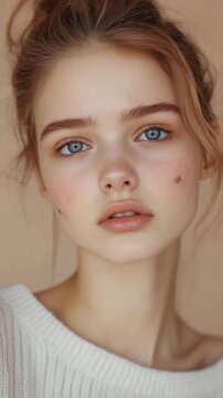 Close-up portrait of a young woman with blue eyes and freckles