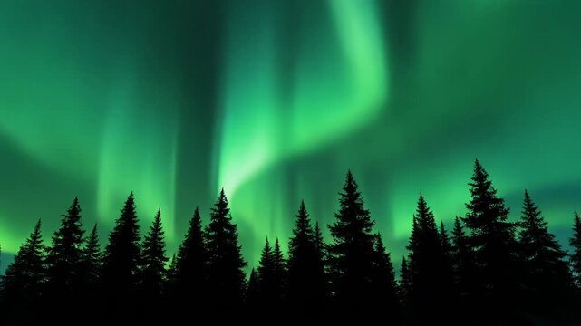 Emerald Northern Lights Over Pine Forest 4K Generative AI