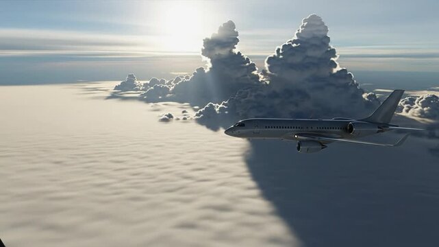 Jet airplane soaring through the sky above a thick blanket of clouds with dramatic backlighting and towering peaks.