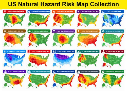 USA natural hazard risk map collection showing tornado hurricane earthquake flood and drought risks.
