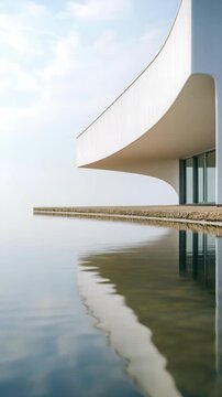 Modern Minimalist White Building with Curved Facade on Calm Waterfront