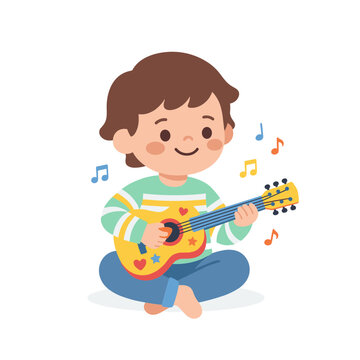 Child playing toy guitar cute soft rounded minimal vector artwork for classroom graphics printables and learning apps