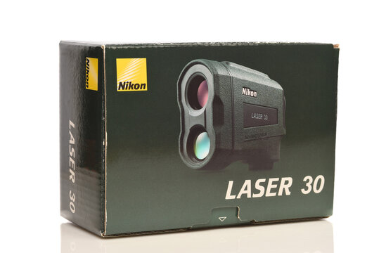 IRVINE, CALIFORNIA - 28 AUG 2026: Box for a Nikon Laser 30 Rangerfinder for sports.